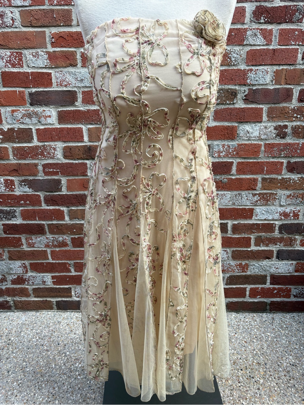 Elana Kattan Sz Xs Sheer Embroidered Strapless Corset Dress Nude Underslip 37”